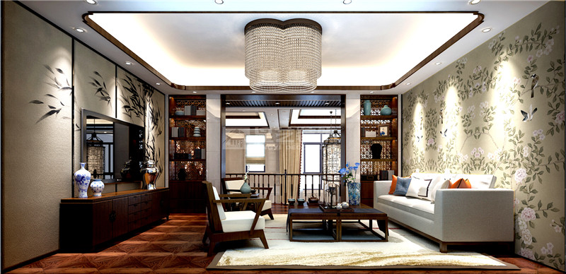 港龍小區(qū)300平新中式客廳裝修設(shè)計效果圖
