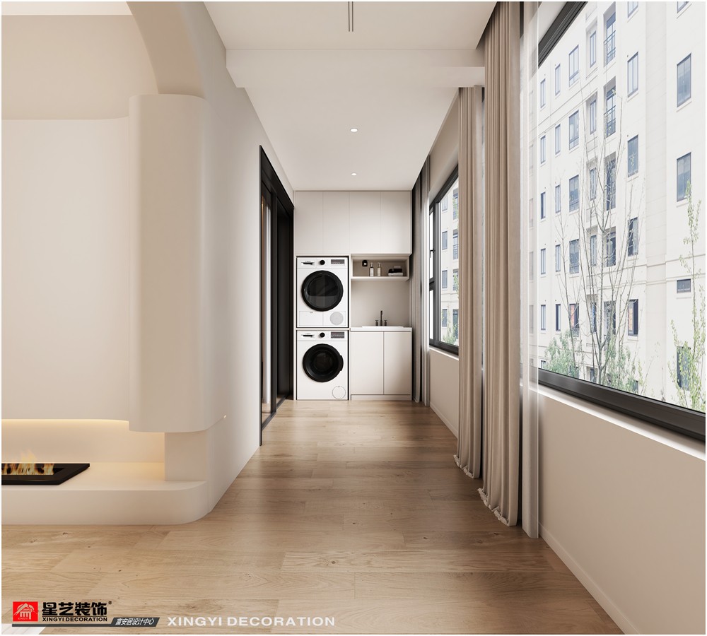 建發(fā)央璽240平奶油風(fēng)一層陽臺(tái)裝修效果